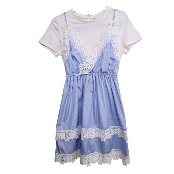 HD in Paris Anthropologie Blue Stripe Lace Dress XXS Cottagecore Whimsical - Picture 2 of 10